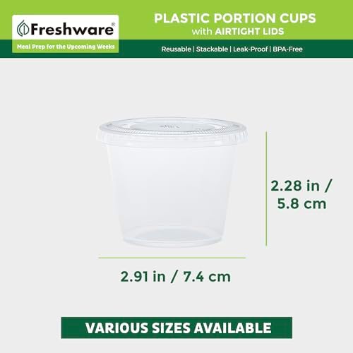 Freshware Plastic Portion Cups with Lids [5.5 Ounce, 200 Sets] Souffle Cups, Jello Shot Cups, Condiment Sauce Containers For Sampling, Sauce, Snack or Dressing