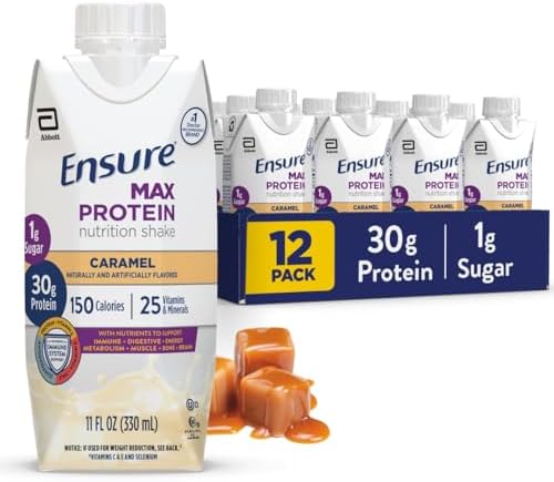 Ensure Max Protein Shake | Caramel | Ready to Drink | 30g Protein for Muscle Health | 1g Sugar, 4g Fiber | 11 fl oz, 12 Pack