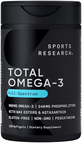 Sports Research® Total Omega-3 Fish Oil 2200mg - Made from Antarctic Krill w/Astaxanthin, Wild Sockeye Salmon & Alaska Pollock - 960mg of EPA & DHA - 120 Softgels