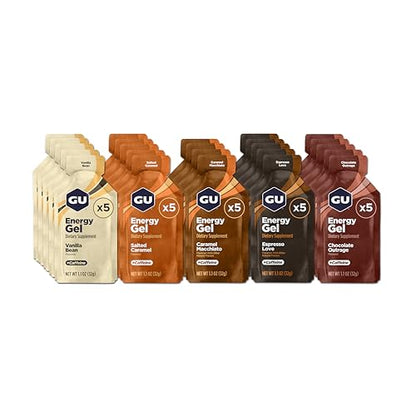 GU Energy Original Sports Nutrition Energy Gel, Vegan, Gluten-Free, Kosher, and Dairy-Free On-the-Go Energy for Any Workout, 24-Count, Assorted Indulgent Flavors