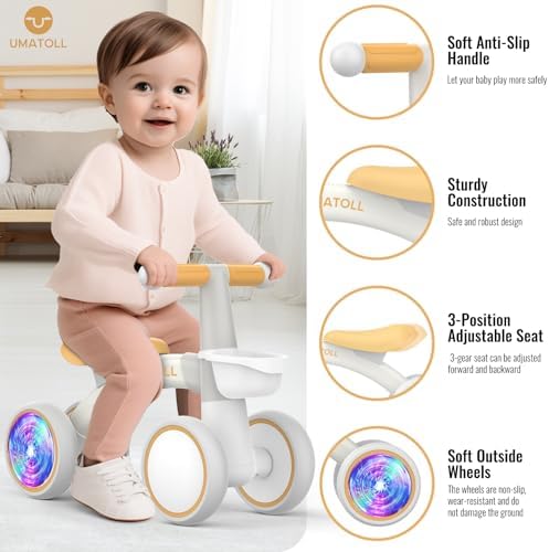 Umatoll Colorful Lighting Baby Balance Bike Toys for 1 Year Old Boys Gifts, Adjustable Seat Baby Walker, One Year Old Boy Birthday Gifts, 12-24 Months Toddler First Ride on Toys