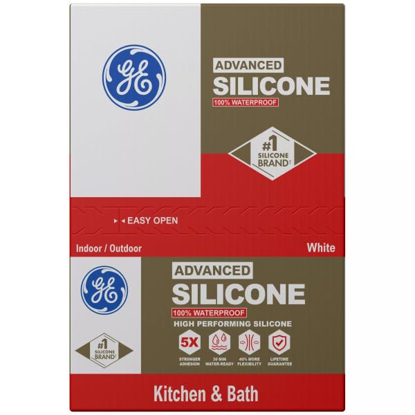 GE Advanced Silicone Caulk for Kitchen & Bathroom, White, 10 fl oz Cartridge, 12 Pack - 100% Waterproof Silicone Sealant, 5X Stronger Adhesion, Shrink & Crack Proof