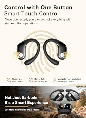 Wireless Earbuds, ENC Noise Cancelling Sport Ear Buds with Multifunctional Touch Screen, Bluetooth 5.4 Headphones, Bass Stereo Sound, 5 EQ Over The Ear Earbuds for Sports/Workout/Gym-Black
