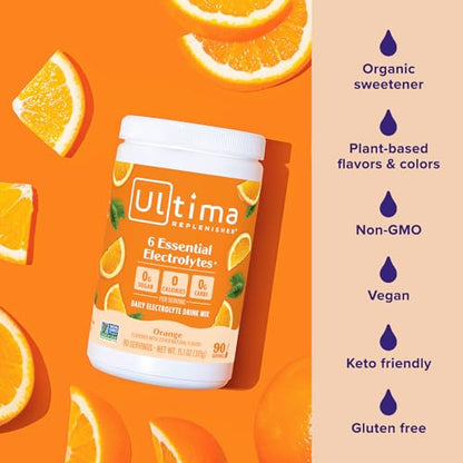 Ultima Replenisher Daily Electrolyte Powder Drink Mix – Sugar Free – Orange, 90 Servings – Hydration Powder with 6 Key Electrolytes and Trace Minerals – Keto Friendly, Vegan, Non-GMO