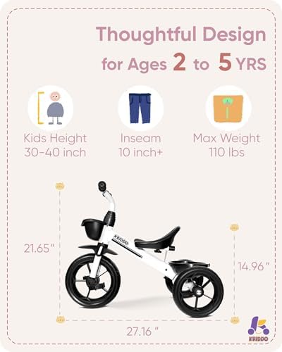KRIDDO Kids Tricycles Age 24 Month to 4 Years, Toddler Kids Trike for 2.5 to 5 Year Old, Gift Toddler Tricycles for 2-4 Year Olds, Trikes for Toddlers, Sporty Styling, White