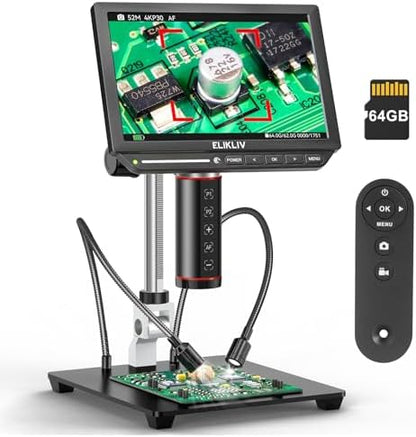 Elikliv Autofocus 4K Digital Microscope EM4K-AF, 52MP Soldering Microscope for PCB Repair, Coin Inspection & Watchmaking, 2000X Magnifier Scope, 8" IPS Screen, HDMI/USB Output, 10" Stand, 64GB Card