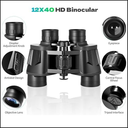 12x40 HD Binoculars for Adults and Kids High Powered, Clear Large View & Low Light Night Vision, Waterproof Binoculars for Hunting, Birds Watching, Cruise Ship, Theaters, Travel and Stargazing