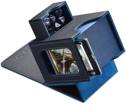 Card Deck Box for MTG Commander - Patented Design, Commander Display, Fits 100 Double-Sleeved Cards, 35pt Card Brick & Dice Tray - Black/Blue
