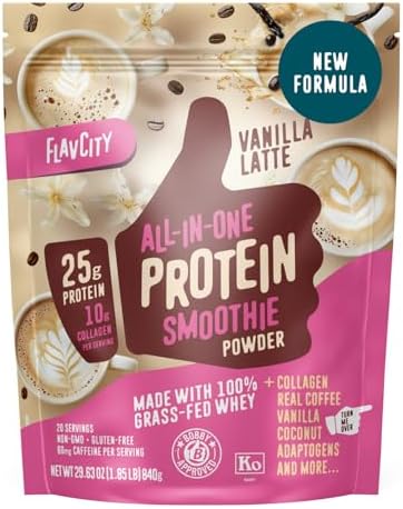 FlavCity Grass Fed Whey Protein Powder - Vanilla Latte - 25g Protein, 10g Collagen & 60mg of Caffeine - Made with Real Vanilla Bean & Organic Coconut - Gluten Free & No Added Sugars (20 Servings)