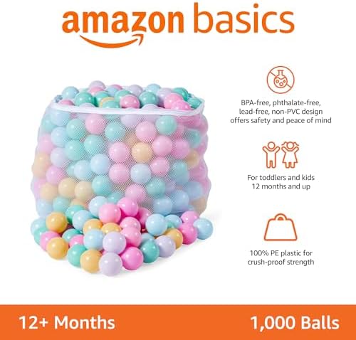 Amazon Basics BPA Free Crush Proof Plastic Ball, Pit Balls with Storage Bag, Toddlers Kids 12+ Months, 1000 Count, 1000 Balls, 6 Pastel Colors