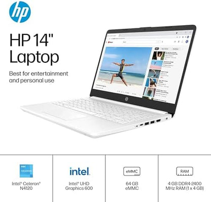 HP 14" Ultra Light Laptop for Student & Home (Intel Quad-Core N4120, 4GB RAM, 128GB(64GB + 64GB SD), 1-Year Office 365) 11-Hr Long Battery Life, Webcam, WiFi, Win 11 Home in S Mode - Snow White