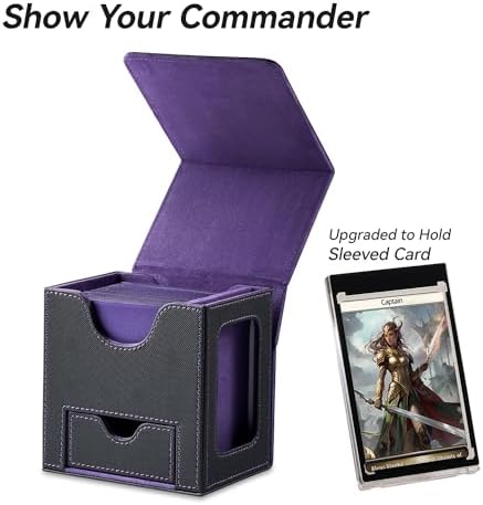 Card Deck Box for MTG Commander - Patented Design, Commander Display, Fits 100 Double-Sleeved Cards, 35pt Card Brick & Dice Tray - Black/Purple