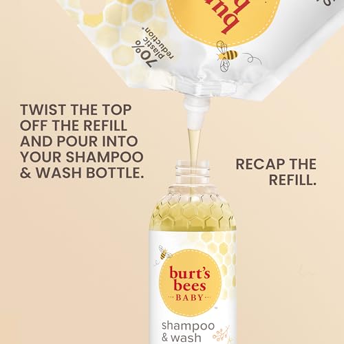 Burts Bees Baby Shampoo and Baby Wash Refill, Original, Plant-Based Formula, Tear-Free, Pediatrician-Tested, Natural Origin, Gently Cleans Sensitive Skin and Hair, 33.8 Fl Oz