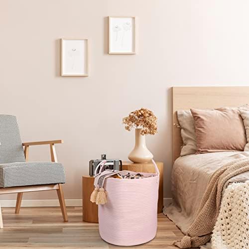 Cotton Rope Laundry Basket Hamper for Girls Kids Baby Nursery Hamper Bin Woven Storage Basket for Living Room Girls room Boho Tall Rope Baskets for Blanket Toys Large light pink