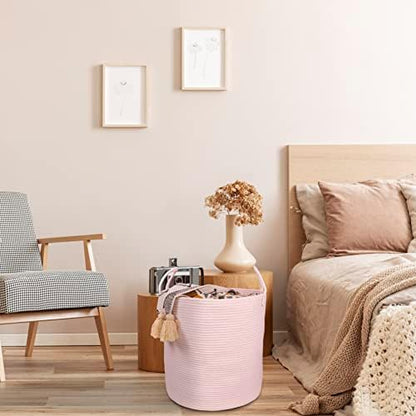 Cotton Rope Laundry Basket Hamper for Girls Kids Baby Nursery Hamper Bin Woven Storage Basket for Living Room Girls room Boho Tall Rope Baskets for Blanket Toys Large light pink