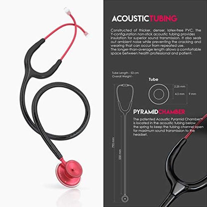 MDF Instruments, Acoustica Lightweight Stethoscope for Doctors, Nurses, Students, Home Health Use, Adult, Dual Head, Black Tube, Red Chestpiece-Headset, MDF747XPR11
