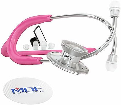 MDF Instruments, Acoustica Lightweight Stethoscope for Doctors, Nurses, Students, Home Health Use, Adult, Dual Head, Fuchsia Tube, Silver Chestpiece-Headset, MDF747XP32