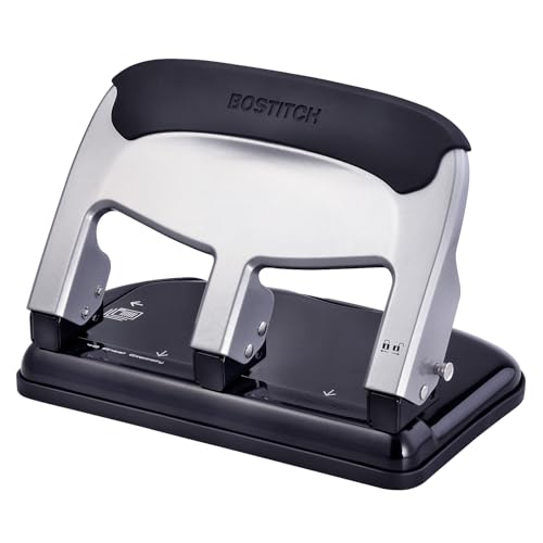 Bostitch Office EZ Squeeze Heavy Duty 3 Hole Punch, 40-Sheet Capacity, Use Less Force, Perfect for Home Office School Supplies, Sleek Design, Silver