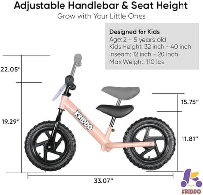 KRIDDO Toddler Balance Bike 2 Year Old, Age 24 Months to 5 Years Old, 12 Inch Push Bicycle with Customize Plate (3 Sets of Stickers Included), Steady Balancing, Gift Bike for 2-3 Boys Girls, Pink