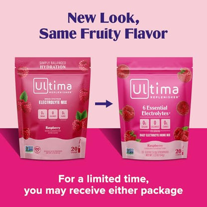 Ultima Replenisher Daily Electrolyte Powder Drink Mix – Sugar Free – Raspberry, 20 Stickpacks – Hydration Packets with 6 Key Electrolytes and Trace Minerals – Keto Friendly, Vegan, Non-GMO