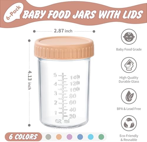 DRKIO 6 Pack Glass Baby Food Storage Containers - 8 Oz Baby Food Jars with Lids Baby Food Maker Microwave Dishwasher Freezer Safe 100% Leak Proof BPA Free Reusable