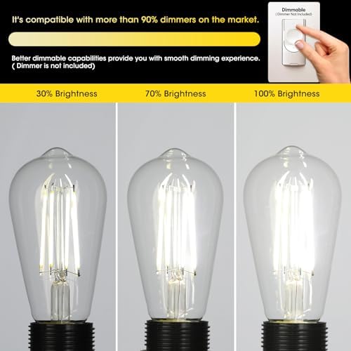 Vintage LED Edison Bulbs, 6W, Equivalent 60W, High Brightness Daylight 5000K, ST58 Antique LED Filament Bulbs with 90+ CRI, E26 Medium Base, Dimmable, Clear Glass, Pack of 6