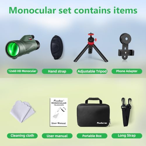 12x60 HD Monocular Telescope for Adults with Smartphone Adapter Tripod Hand Strap - High Power Monoculars Equipped with Large BAK4 Prism & FMC Lens - Suitable for Bird Watching Sports Hiking Traveling
