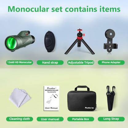 12x60 HD Monocular Telescope for Adults with Smartphone Adapter Tripod Hand Strap - High Power Monoculars Equipped with Large BAK4 Prism & FMC Lens - Suitable for Bird Watching Sports Hiking Traveling