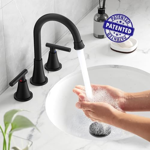 Bathroom Faucets for Sink 3 Hole, Hurran Matte Black Bathroom Sink Faucet with Pop-up Drain and Supply Lines, Stainless Steel Lead-Free Widespread Faucet for Vanity RV Farmhouse Sink