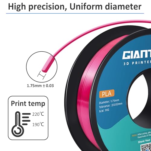 GIANTARM 3D Printer PLA Filament, Shiny Silk Rose Pink Magenta Toughness Enhanced Filament with 1.75mm Dimensional Accuracy +/-0.03mm, 1080 Feet per Roll, Vacuum Packaging, for Most 3D FDM Printer