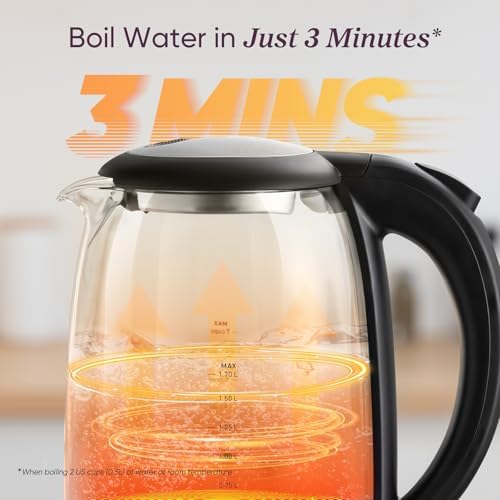 Cosori Electric Kettle, No Plastic Filter & Spout, 1.7L Tea Kettle & Hot Water Boiler For Coffee & Tea, Water Heater & Teapot, Automatic Shut Off, Borosilicate glass, Black, 1500W
