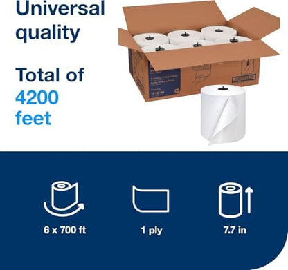 Tork Matic Paper Hand Towel Roll White H1, Universal, 100% Recycled Fiber, 6 Rolls x 700 ft, 290089