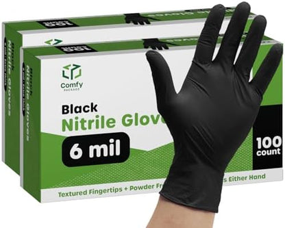 Comfy Package Black Nitrile HEAVY DUTY 6 Mil. Chemical Resistance, Latex & Powder Free, Textured Fingertips Disposable Gloves