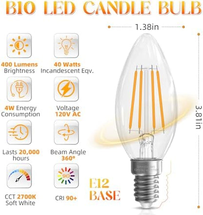 E12 Candelabra Bulb 40 watt Equivalent, E12 LED Bulb Non-Dimmable Chandelier Light Bulbs, B10 Candle Light Bulbs 2700K Soft White, 90+CRI, 400LM, Cear Glass, 12 Pack