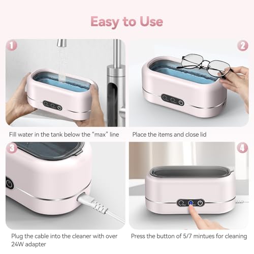 Ultrasonic Jewelry Cleaner, Upgraded 48KHz Ultrasonic Cleaner Machine with 304 Stainless Steel for Jewelry, Eyeglasses, Rings, Dentures, Watch Strap（Pink）