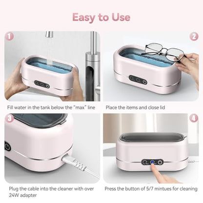 Ultrasonic Jewelry Cleaner, Upgraded 48KHz Ultrasonic Cleaner Machine with 304 Stainless Steel for Jewelry, Eyeglasses, Rings, Dentures, Watch Strap（Pink）