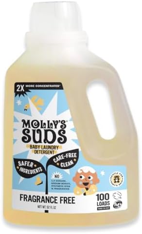 Molly's Suds Baby Liquid Laundry Detergent | Removes Formula, Poop & Spit-Up Stains | Extra Gentle for Infants, Babies, Toddlers (Fragrance Free, 100 Loads)