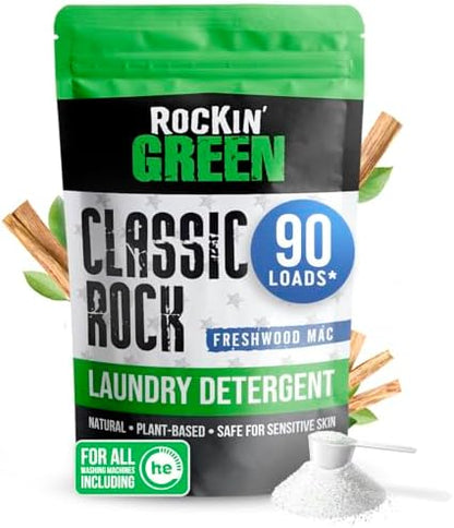 Rockin' Green Classic Rock Laundry Detergent (90 Loads), Plant based, All Natural Laundry Detergent Powder, Vegan and Biodegradable Odor Fighter, Safe for Sensitive Skin, 45 oz (Freshwood Mac)