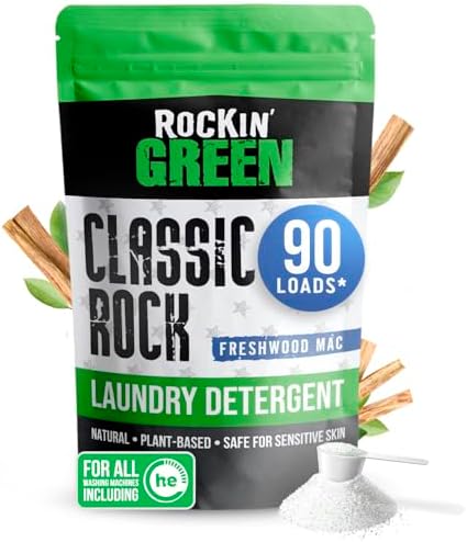 Rockin' Green Classic Rock Laundry Detergent (90 Loads), Plant based, All Natural Laundry Detergent Powder, Vegan and Biodegradable Odor Fighter, Safe for Sensitive Skin, 45 oz (Freshwood Mac)