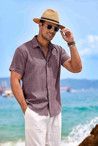 COOFANDY Men's Linen Shirts Short Sleeve Casual Shirts Button Down Shirt for Men Beach Summer Wedding Shirt