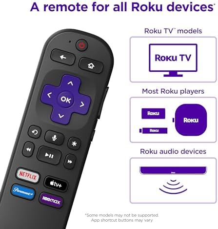Roku Voice Remote | Replacement TV Remote Control with Voice Control, Simple Setup, & Pre-Set App Shortcuts - Compatible with Roku TV, Players, & Audio Devices
