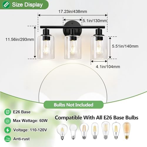 3-Light Bathroom Light Fixtures, Black Modern Vanity Lights with Clear Glass Shade, Bathroom Wall Lamp for Mirror Kitchen Living Room Hallway Cabinet Porch