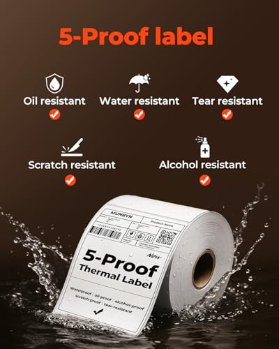 MUNBYN 4"x6" Direct Thermal Shipping Labels, Durable Waterproof, Oil-Proof, Scratch-Proof, Alcohol-Resistant, Tear-Resistant Label Paper for Thermal Printers, Packages, and Logistics, 380 Sheets/Roll
