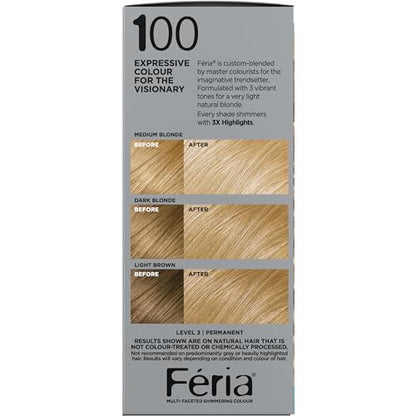 L'Oreal Paris Feria Multi-Faceted Shimmering Permanent Hair Color, 100 Pure Diamond, Hair Dye Kit, Pack of 2