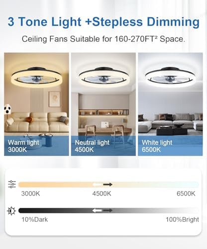 Ceiling Fans with Lights and Remote, 20" Modern Low Profile Ceiling Fan with Light, Stepless Color Temperature Change and 6 Speeds for Bedroom, Kids Room and Living Room (Black)