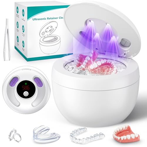 Upgraded Ultrasonic Retainer Cleaner Machine, 45kHz Ultrasonic Dentures Cleaner for Night Guards, Braces, Aligner, Toothbrush, Jewelry and More, 200ML Capacity, White