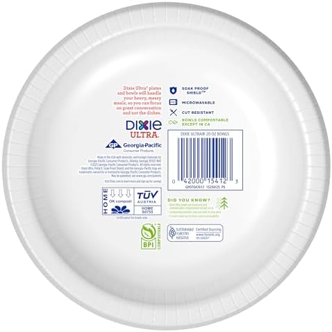 Dixie Ultra, Large Paper Bowls, 20 Oz, 26 Count (Pack of 6), Microwave Safe, Compostable, Disposable Bowls Great For Breakfast, Lunch, And Dinner Meals