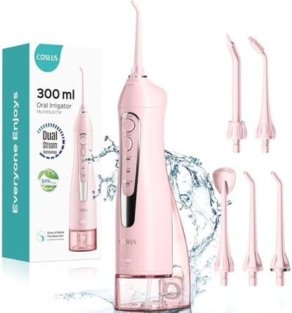 COSLUS Water Dental Flosser Teeth Pick: Portable Cordless Oral Irrigator 300ML Rechargeable Travel Irrigation Cleaner IPX7 Waterproof Electric Flossing Machine for Teeth Cleaning C20(F5020E) Pink