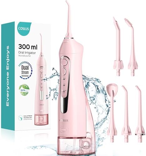 COSLUS Water Dental Flosser Teeth Pick: Portable Cordless Oral Irrigator 300ML Rechargeable Travel Irrigation Cleaner IPX7 Waterproof Electric Flossing Machine for Teeth Cleaning C20(F5020E) Pink