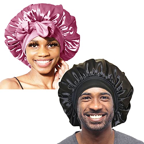 BONNET QUEEN Silk Bonnet for Sleeping Women Satin Bonnet Night Sleep Cap Wrap for Curly Hair with Adjustable Tie Band, Single Layer, Black+Rose Gold